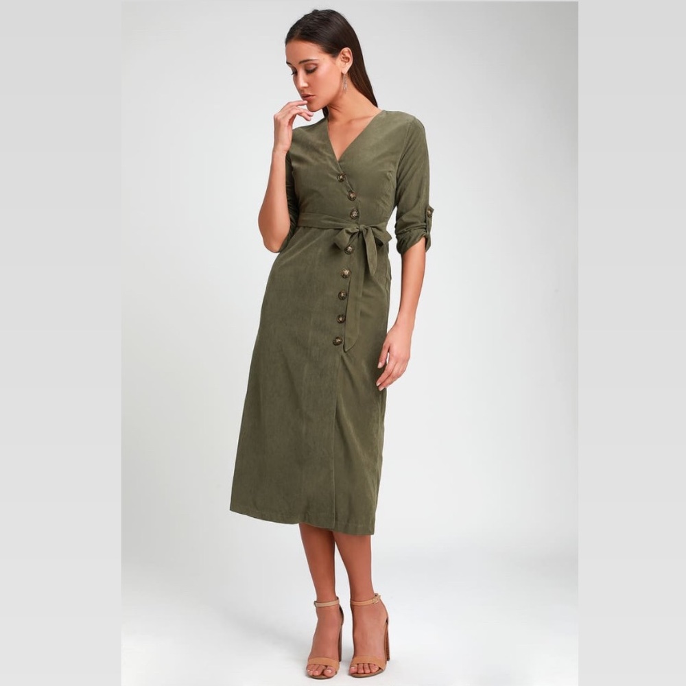 LULU’s Pull Me Close Green Suede Button-Up Dress - Picture 12 of 13